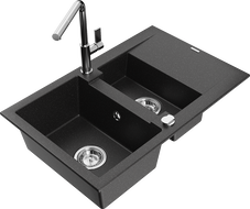 Mexen Gaspar Granitspüle 1,5-Becken mit Abtropffläche und Küchenarmatur Flora, schwarz/silber - 6507-73-670401-00
