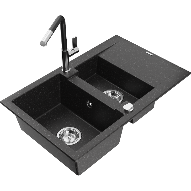 Mexen Gaspar Granitspüle 1,5-beckig mit Abtropffläche und Küchenarmatur Flora, schwarz/silber - 6507-73-670401-07