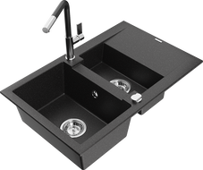 Mexen Gaspar Granitspüle 1,5-beckig mit Abtropffläche und Küchenarmatur Flora, schwarz/silber - 6507-73-670401-07