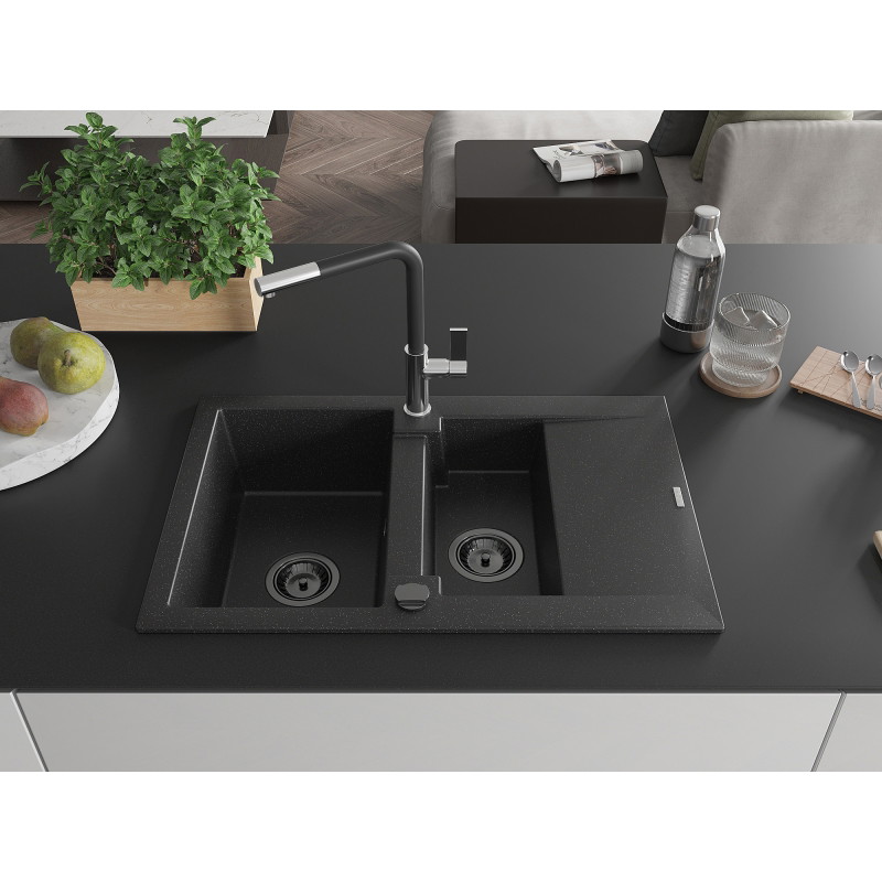 Mexen Gaspar granitspüle 1,5-kammerig mit abtropfbereich und küchenarmatur Flora, schwarz/silber - 6507-73-670401-07-B