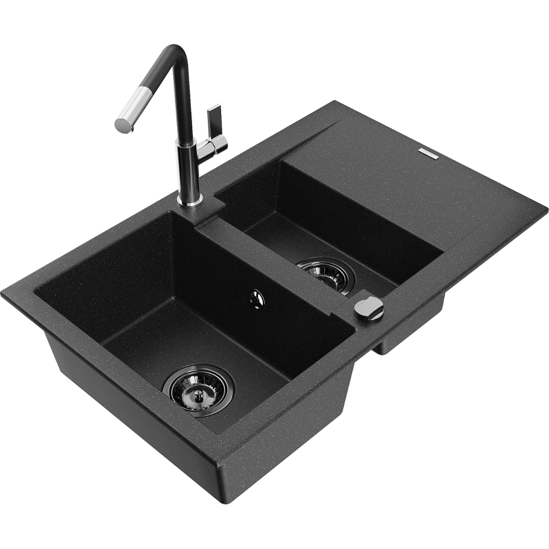 Mexen Gaspar Granitspüle 1,5-Becken mit Abtropffläche und Küchenarmatur Flora, schwarz/silber - 6507-73-670401-07-B
