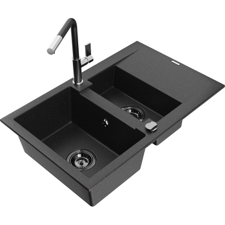 Mexen Gaspar Granitspüle 1,5-Becken mit Abtropffläche und Küchenarmatur Flora, schwarz/silber - 6507-73-670401-07-B