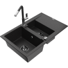Mexen Gaspar Granitspüle 1,5-Becken mit Abtropffläche und Küchenarmatur Flora, schwarz/silber - 6507-73-670401-07-B