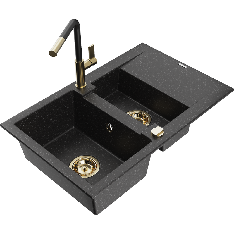 Mexen Gaspar Granitspüle 1,5-Becken mit Abtropfbereich und Küchenarmatur Flora, schwarz/silber - 6507-73-670401-57-G