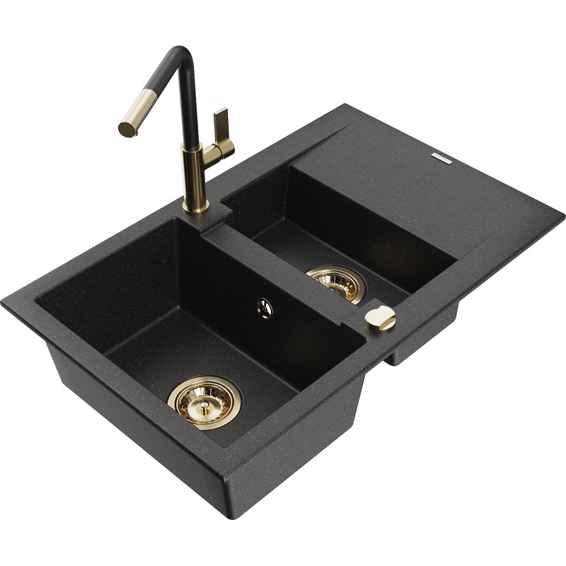 Mexen Gaspar Granitspüle 1,5-Becken mit Abtropffläche und Küchenarmatur Flora, schwarz/silber - 6507-73-670401-57-G