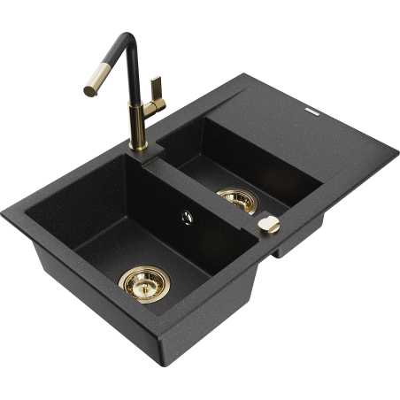 Mexen Gaspar Granitspüle 1,5-Becken mit Abtropffläche und Küchenarmatur Flora, schwarz/silber - 6507-73-670401-57-G