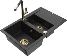 Mexen Gaspar Granitspüle 1,5-Becken mit Abtropfbereich und Küchenarmatur Flora, schwarz/silber - 6507-73-670401-57-G