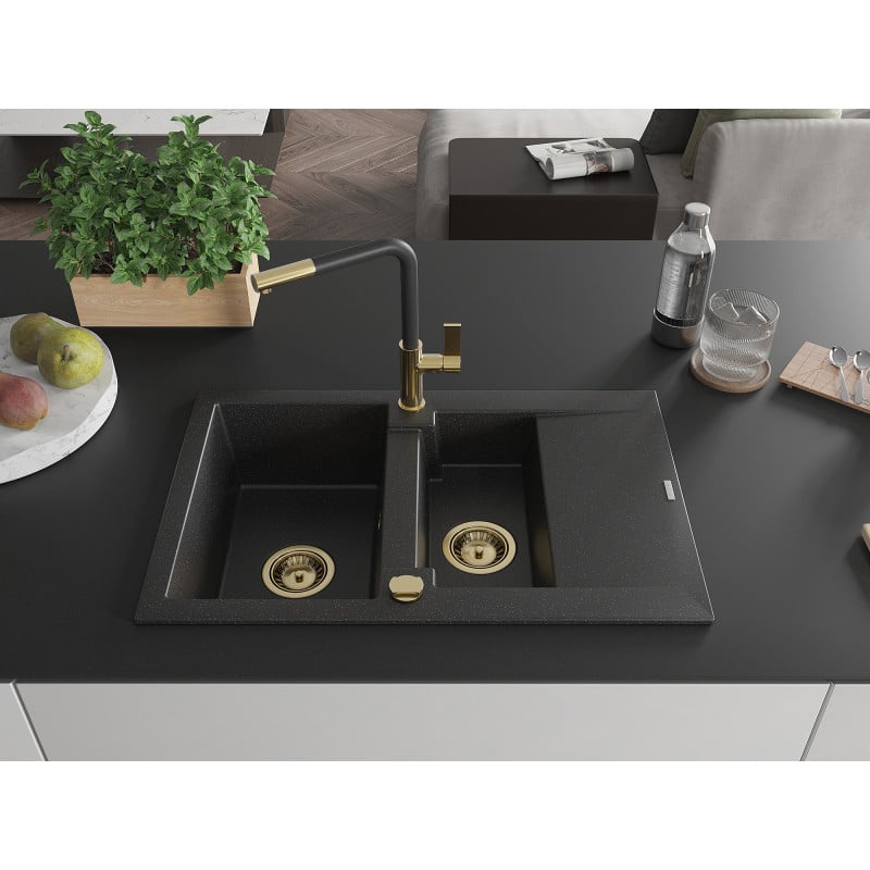 Mexen Gaspar Granitspüle 1,5-Becken mit Abtropfbereich und Küchenarmatur Flora, schwarz/silber - 6507-73-670401-57-G