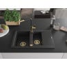 Mexen Gaspar Granitspüle 1,5-Becken mit Abtropfbereich und Küchenarmatur Flora, schwarz/silber - 6507-73-670401-57-G