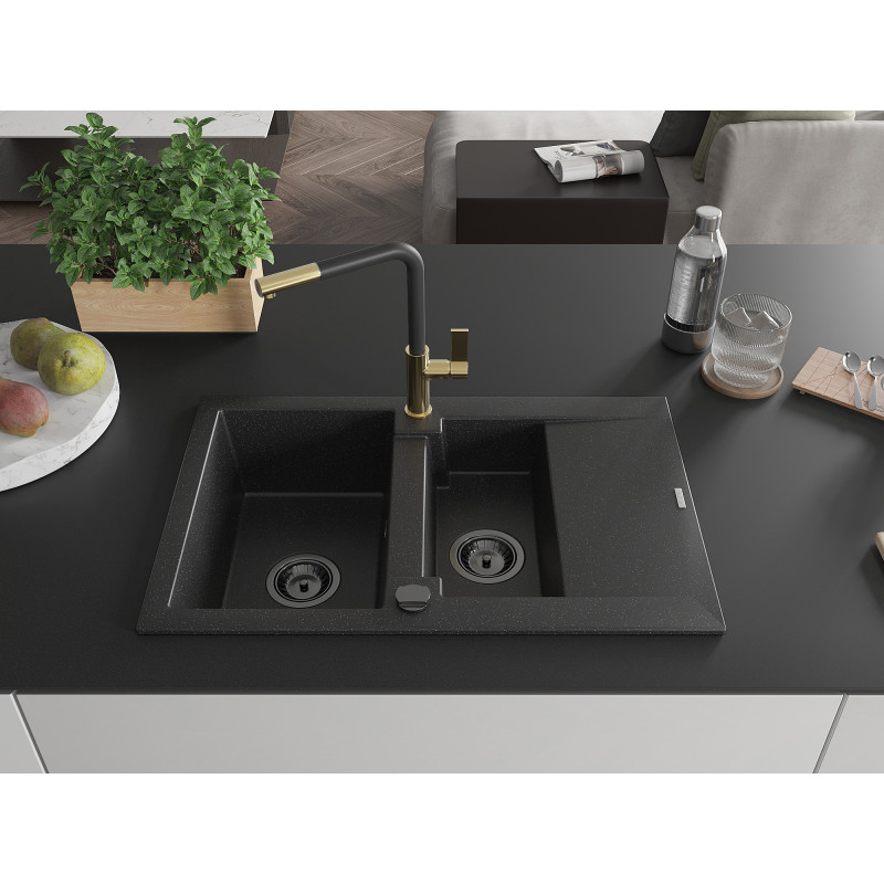 Mexen Gaspar Granitspüle 1,5-Becken mit Abtropffläche und Küchenarmatur Flora, schwarz/silber - 6507-73-670401-57-B