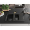 Mexen Gaspar Granitspüle 1,5-Becken mit Abtropffläche und Küchenarmatur Flora, schwarz/silber - 6507-73-670401-57-B