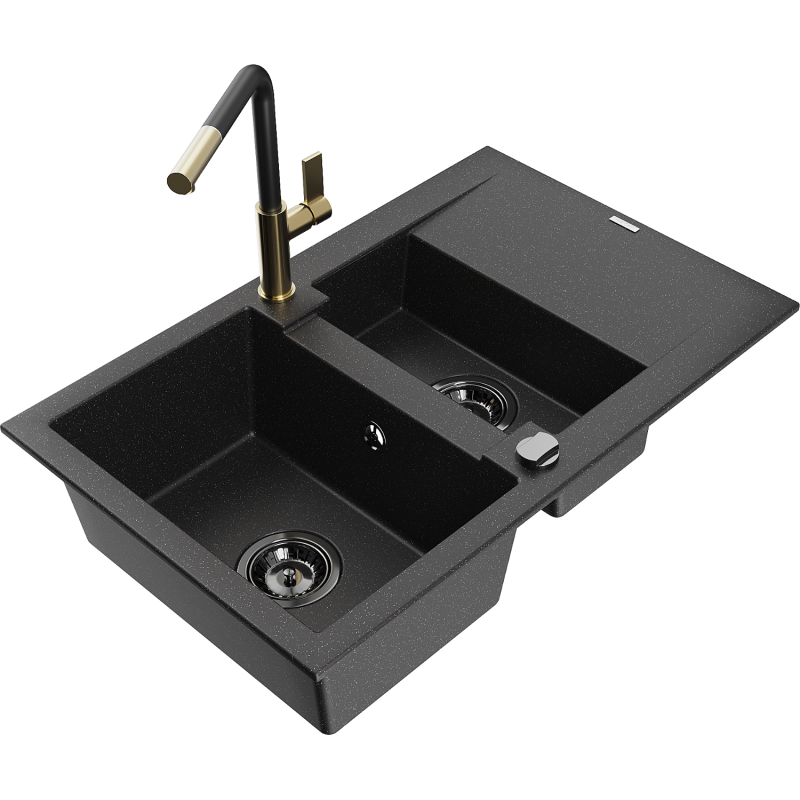 Mexen Gaspar Granitspüle 1,5-Becken mit Abtropffläche und Küchenarmatur Flora, schwarz/silber - 6507-73-670401-57-B