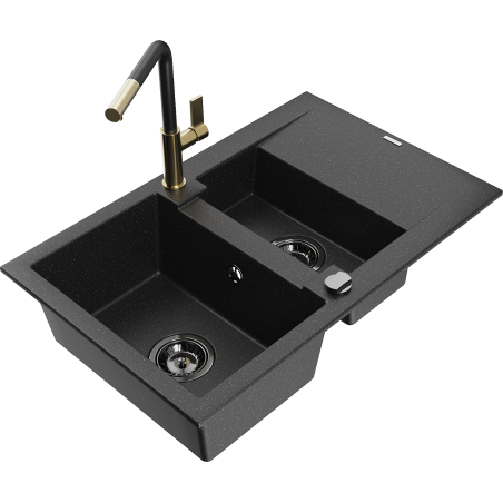Mexen Gaspar Granitspüle 1,5-Becken mit Abtropffläche und Küchenarmatur Flora, schwarz/silber - 6507-73-670401-57-B