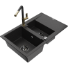 Mexen Gaspar Granitspüle 1,5-Becken mit Abtropffläche und Küchenarmatur Flora, schwarz/silber - 6507-73-670401-57-B