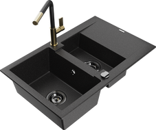 Mexen Gaspar Granitspüle 1,5-Becken mit Abtropffläche und Küchenarmatur Flora, schwarz/silber - 6507-73-670401-57-B