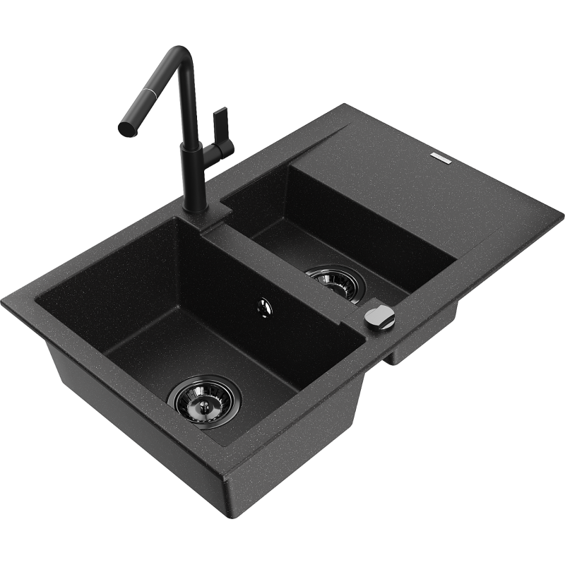 Mexen Gaspar Granitspüle 1,5-Kammer mit Abtropffläche und Küchenarmatur Flora, schwarz/silber - 6507-73-670401-70-B