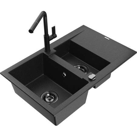 Mexen Gaspar Granitspüle 1,5-Kammer mit Abtropffläche und Küchenarmatur Flora, schwarz/silber - 6507-73-670401-70-B