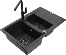 Mexen Gaspar Granitspüle 1,5-Kammer mit Abtropffläche und Küchenarmatur Flora, schwarz/silber - 6507-73-670401-70-B