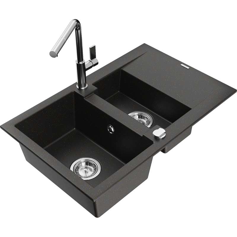 Mexen Gaspar Granitspüle 1,5-Becken mit Abtropffläche und Küchenarmatur Flora, schwarz/gold metallic - 6507-75-670401-00