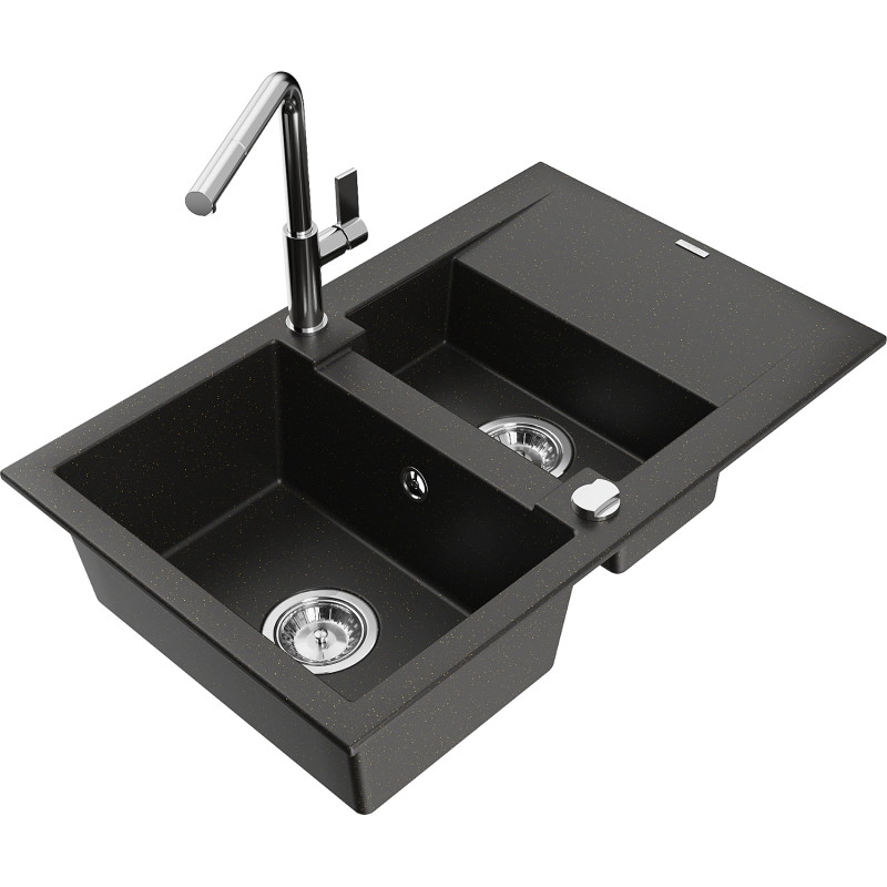 Mexen Gaspar Granitspüle 1,5-fach mit Abtropffläche und Küchenarmatur Flora, schwarz/gold metallic - 6507-75-670401-00