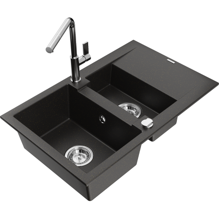 Mexen Gaspar Granitspüle 1,5-Becken mit Abtropffläche und Küchenarmatur Flora, schwarz/gold metallic - 6507-75-670401-00