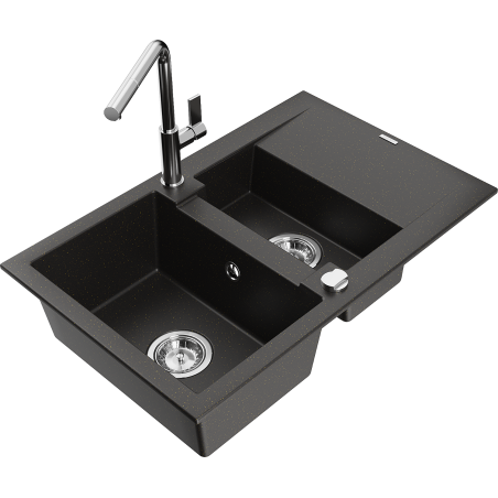 Mexen Gaspar Granitspüle 1,5-fach mit Abtropffläche und Küchenarmatur Flora, schwarz/gold metallic - 6507-75-670401-00