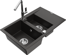 Mexen Gaspar Granitspüle 1,5-Becken mit Abtropffläche und Küchenarmatur Flora, schwarz/gold metallic - 6507-75-670401-00
