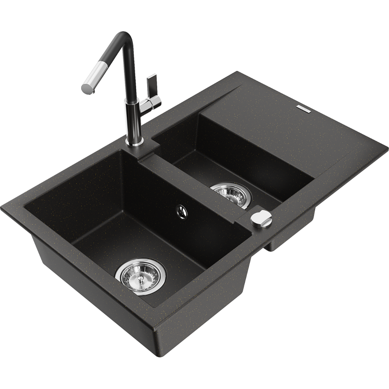 Mexen Gaspar Granitspüle 1,5-Becken mit Abtropffläche und Küchenarmatur Flora, Schwarz/Gold Metallic - 6507-75-670401-07