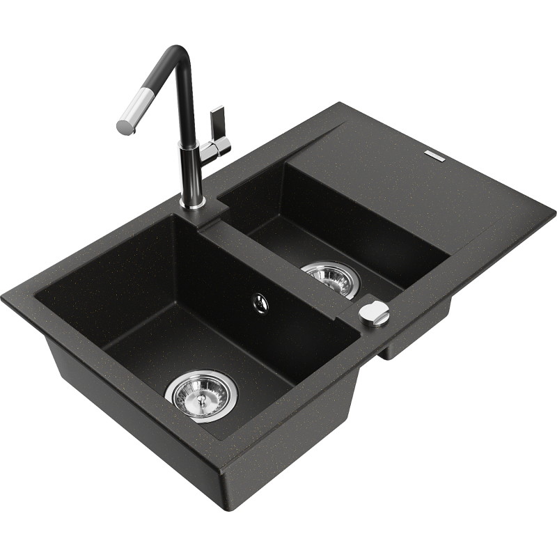Mexen Gaspar Granitspüle 1,5-Becken mit Abtropffläche und Küchenarmatur Flora, schwarz/goldener Metallic - 6507-75-670401-07