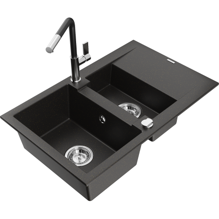 Mexen Gaspar Granitspüle 1,5-Becken mit Abtropffläche und Küchenarmatur Flora, Schwarz/Gold Metallic - 6507-75-670401-07