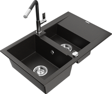 Mexen Gaspar Granitspüle 1,5-Becken mit Abtropffläche und Küchenarmatur Flora, Schwarz/Gold Metallic - 6507-75-670401-07