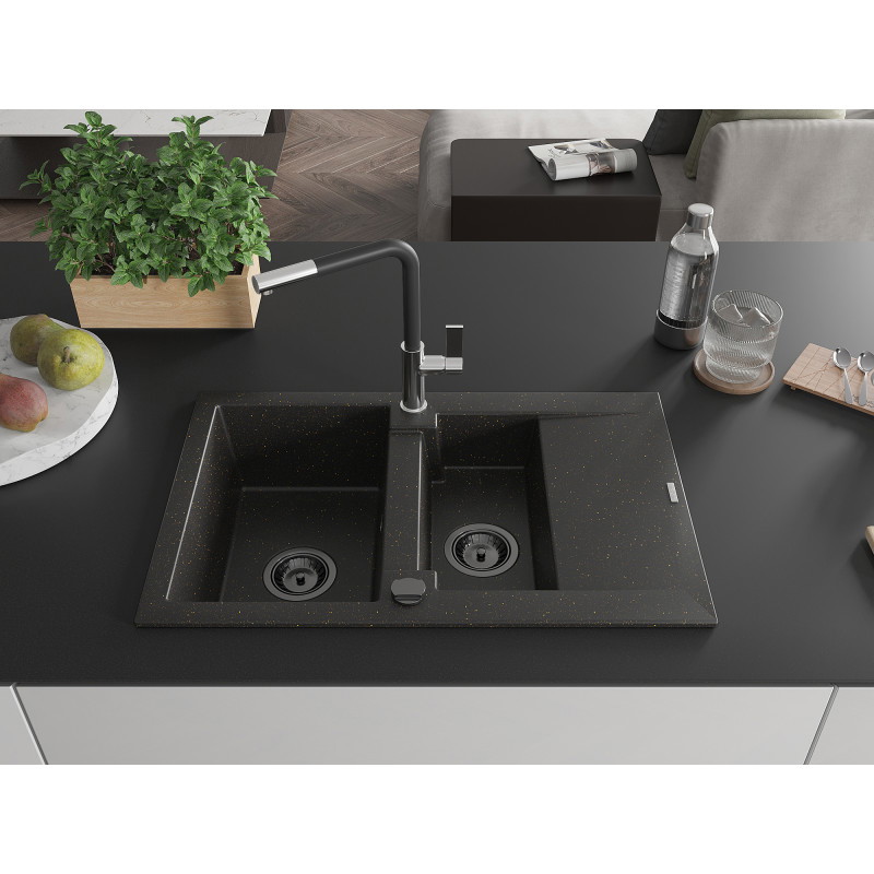 Mexen Gaspar Granitspüle 1,5-Becken mit Abtropffläche und Küchenarmatur Flora, schwarz/gold - 6507-75-670401-07-B