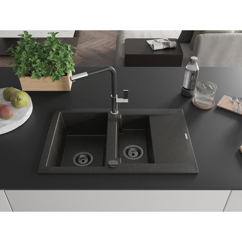 Mexen Gaspar Granitspüle mit 1,5 Becken, Abtropffläche und Küchenarmatur Flora, schwarz/gold - 6507-75-670401-07-B