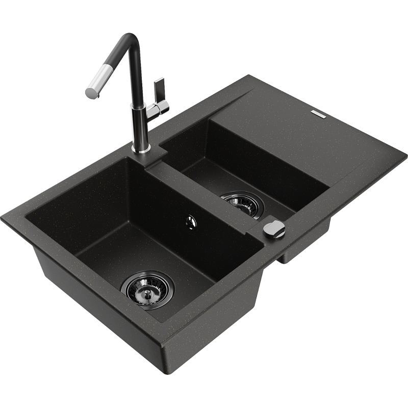 Mexen Gaspar Granitspüle 1,5-Becken mit Abtropffläche und Küchenarmatur Flora, schwarz/gold - 6507-75-670401-07-B