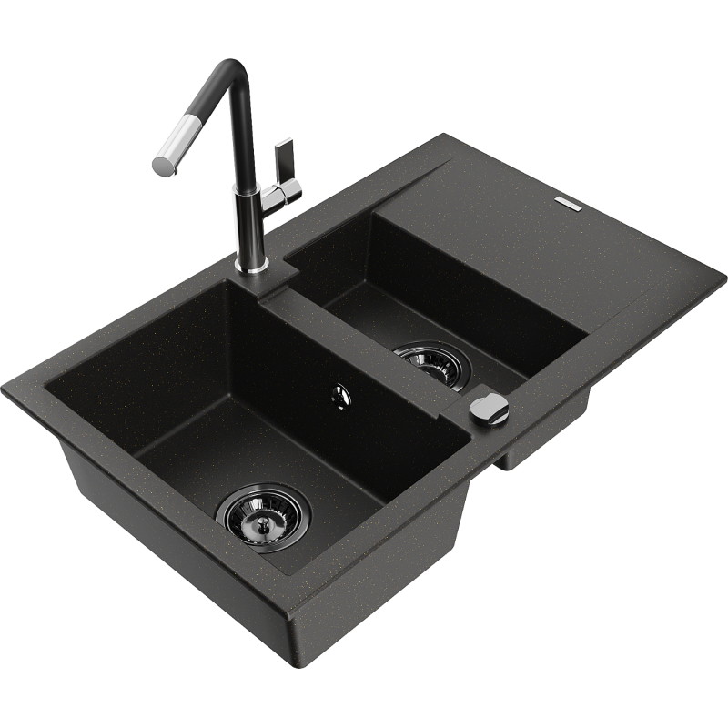 Mexen Gaspar Granitspüle mit 1,5 Becken, Abtropffläche und Küchenarmatur Flora, schwarz/gold - 6507-75-670401-07-B