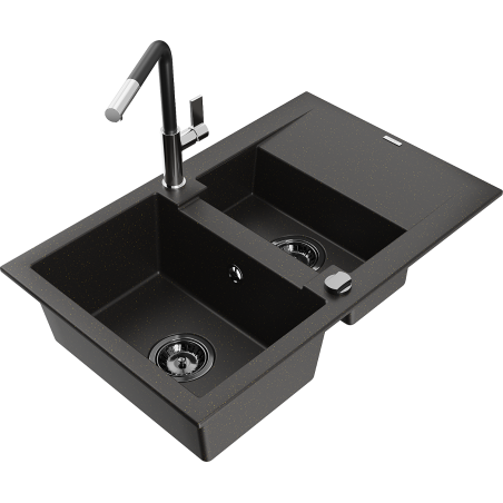 Mexen Gaspar Granitspüle mit 1,5 Becken, Abtropffläche und Küchenarmatur Flora, schwarz/gold - 6507-75-670401-07-B