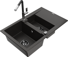 Mexen Gaspar Granitspüle 1,5-Becken mit Abtropffläche und Küchenarmatur Flora, schwarz/gold - 6507-75-670401-07-B