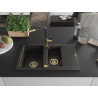 Mexen Gaspar Granitspüle 1,5-Becken mit Abtropffläche und Küchenarmatur Flora, schwarz/gold - 6507-75-670401-57-G
