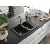 Mexen Gaspar Granitspüle 1,5-Becken mit Abtropffläche und Küchenarmatur Flora, schwarz/gold - 6507-75-670401-57-G