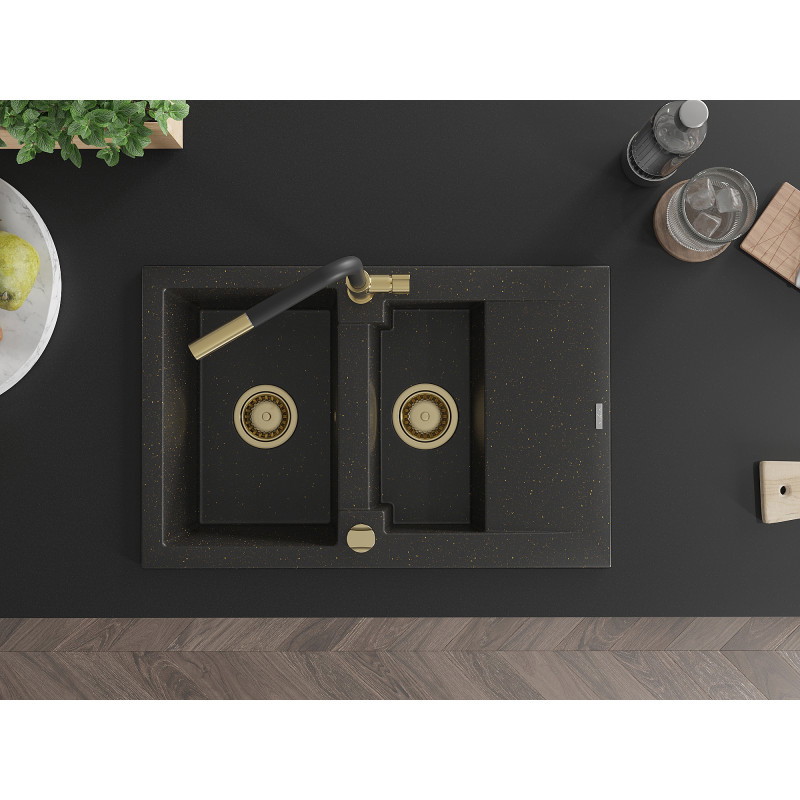Mexen Gaspar Granitspüle 1,5-Becken mit Abtropffläche und Küchenarmatur Flora, schwarz/gold - 6507-75-670401-57-G