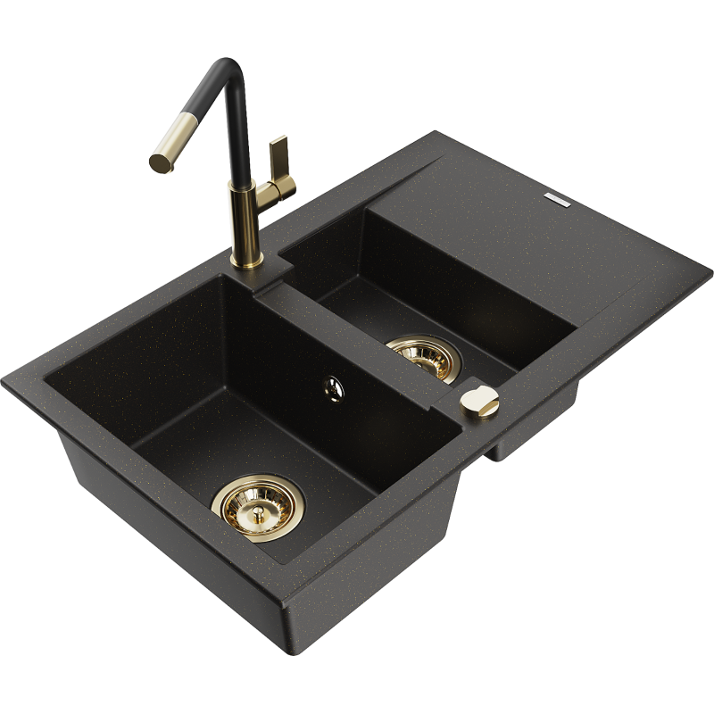 Mexen Gaspar Granitspüle 1,5-Becken mit Abtropffläche und Küchenarmatur Flora, schwarz/gold - 6507-75-670401-57-G