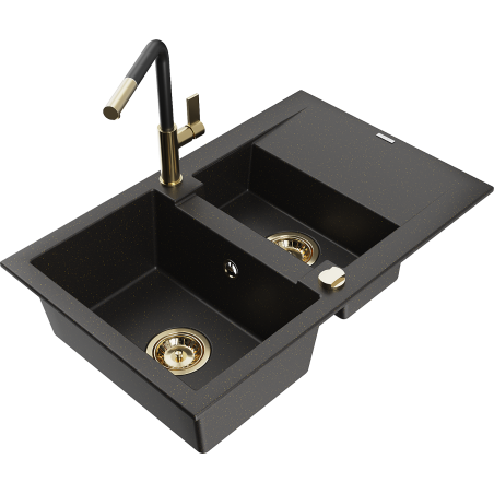 Mexen Gaspar Granitspüle 1,5-Becken mit Abtropffläche und Küchenarmatur Flora, schwarz/gold - 6507-75-670401-57-G