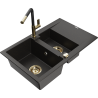 Mexen Gaspar Granitspüle 1,5-Becken mit Abtropffläche und Küchenarmatur Flora, schwarz/gold - 6507-75-670401-57-G