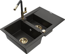 Mexen Gaspar Granitspüle 1,5-Becken mit Abtropffläche und Küchenarmatur Flora, schwarz/gold - 6507-75-670401-57-G