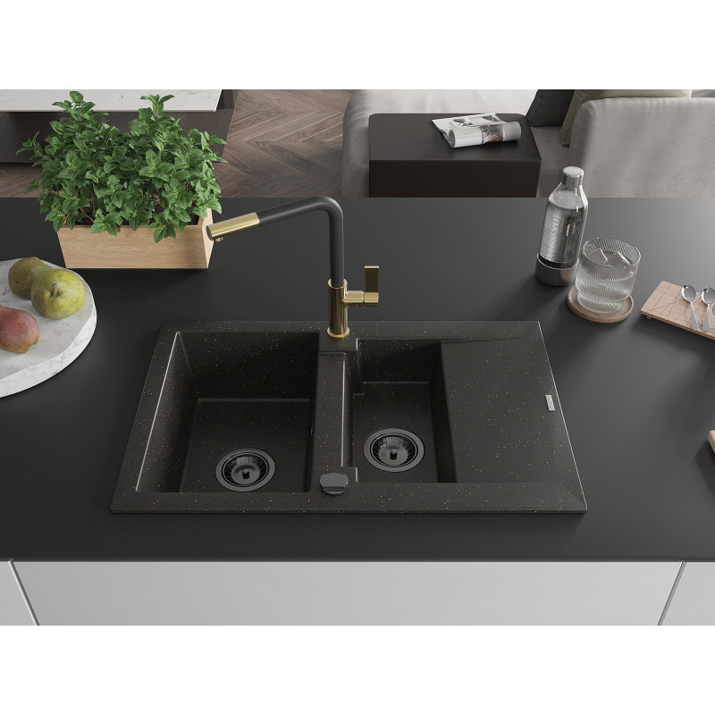 Mexen Gaspar Granitspüle 1,5-Kammern mit Abtropffläche und Küchenarmatur Flora, schwarz/gold - 6507-75-670401-57-B