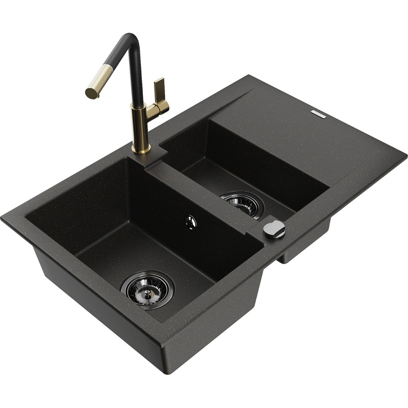 Mexen Gaspar Granitspüle 1,5-fach mit Abtropffläche und Küchenarmatur Flora, schwarz/gold - 6507-75-670401-57-B