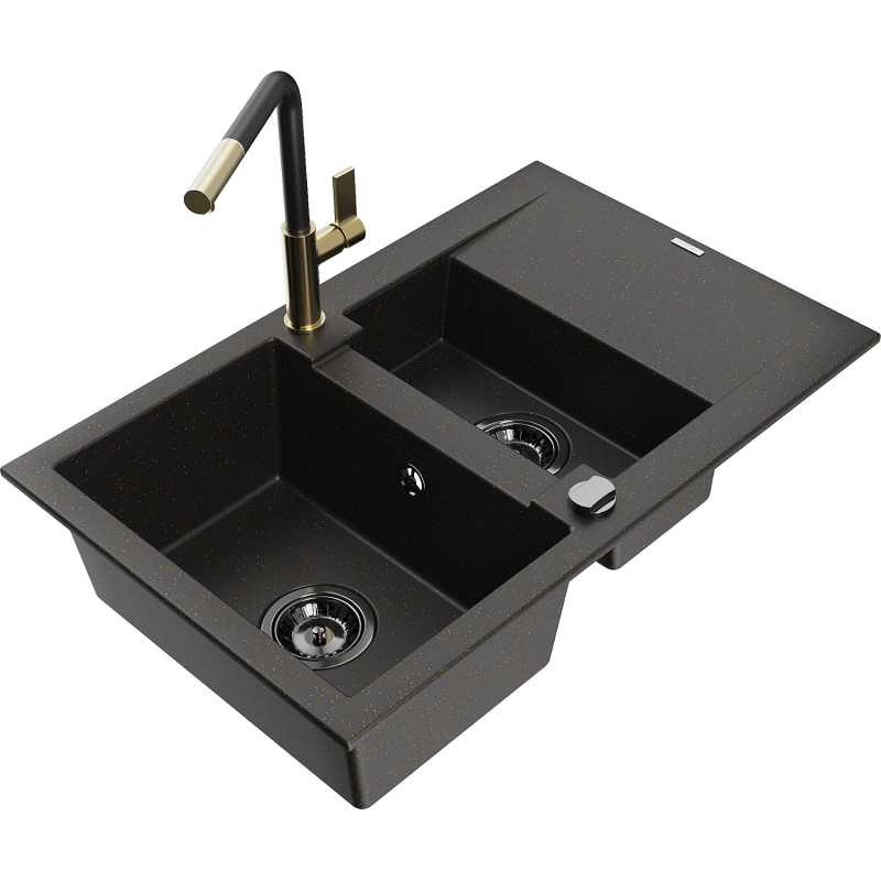 Mexen Gaspar Granitspüle 1,5-Kammern mit Abtropffläche und Küchenarmatur Flora, schwarz/gold - 6507-75-670401-57-B