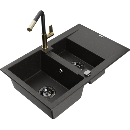 Mexen Gaspar Granitspüle 1,5-fach mit Abtropffläche und Küchenarmatur Flora, schwarz/gold - 6507-75-670401-57-B