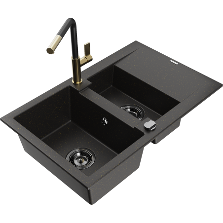 Mexen Gaspar Granitspüle 1,5-Kammern mit Abtropffläche und Küchenarmatur Flora, schwarz/gold - 6507-75-670401-57-B