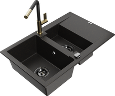 Mexen Gaspar Granitspüle 1,5-Kammern mit Abtropffläche und Küchenarmatur Flora, schwarz/gold - 6507-75-670401-57-B